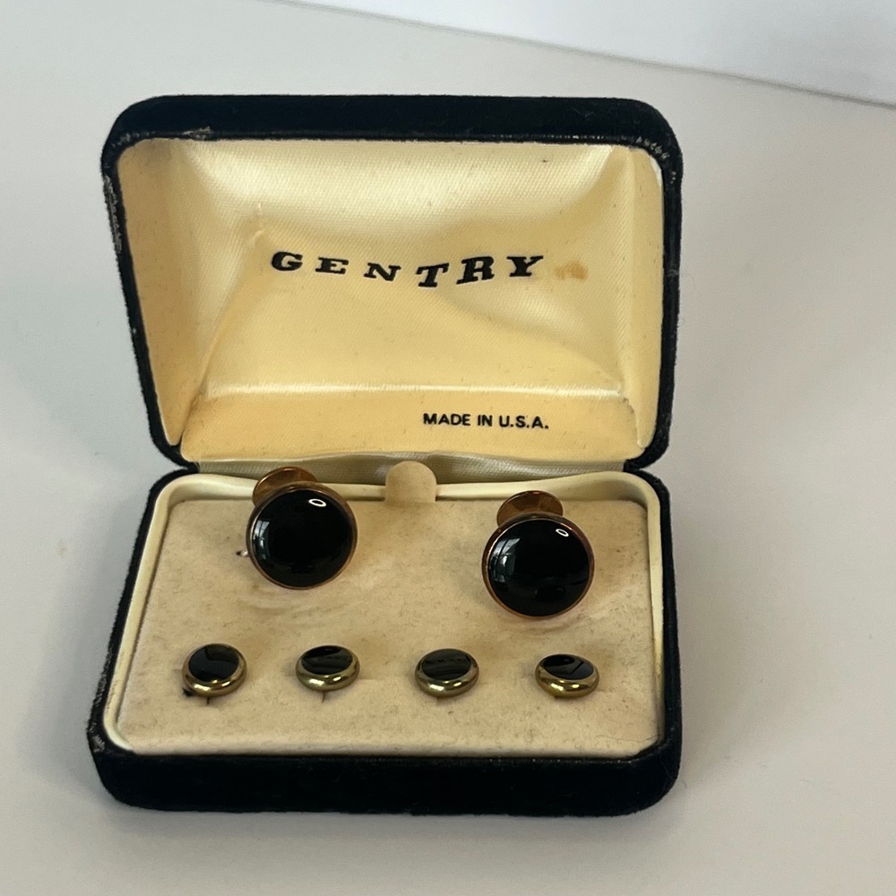 Vintage Gentry Cufflinks and Studs Set Gold Tone Black Onyx Made in USA Tuxedo